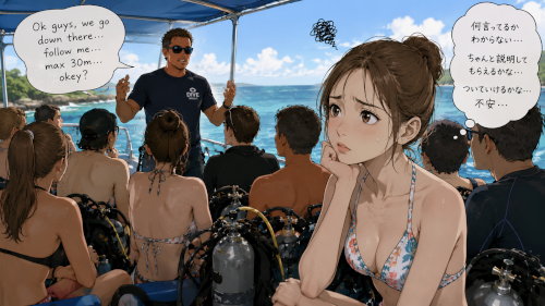 英語でのダイビング説明についていけず不安そうな初心者女性ダイバー