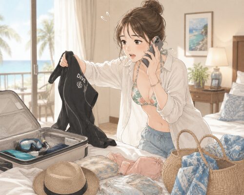 バリ島のホテルの部屋でダイビングツアーの準備に慌てる女性
