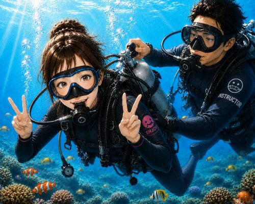 インストラクターにサポートされながら海中を楽しむ女性ダイバー