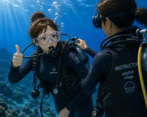 海中でインストラクターに浮上したいサインを出している初心者女性ダイバー