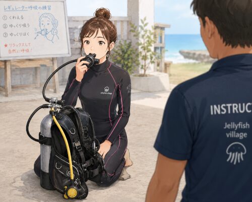 陸上でタンクを置いた状態でレギュレータ呼吸の練習をする初心者女性ダイバー