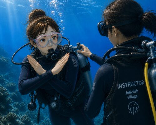 海中でインストラクターに支えられながら×サインを出している初心者女性ダイバー