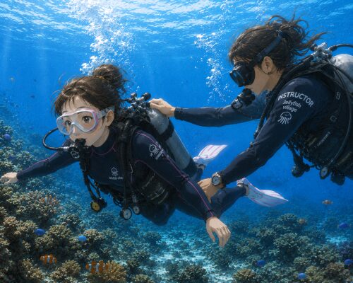 バリ島の海中でインストラクターにタンクバルブを持ってサポートしてもらいながら体験ダイビングを楽しむ女性ダイバー