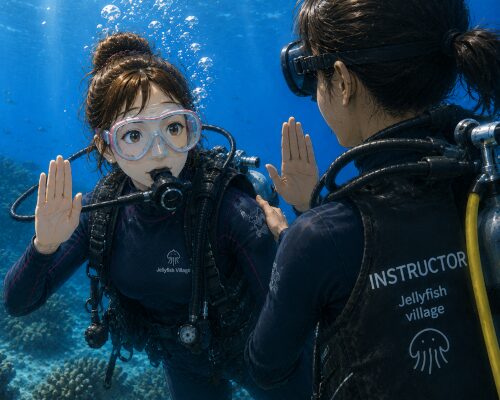 海中でインストラクターに支えられながら待ってのサインを出す女性ダイバー