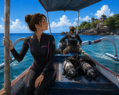 バリ島のトラディショナルボート「ジュクン」に乗って海へ向かう女性ダイバー