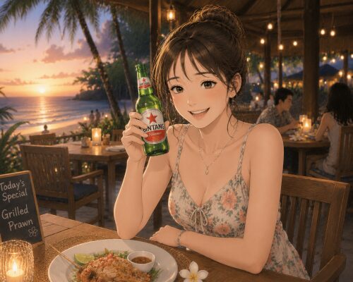 バリ島のレストランでビンタンビールを飲みながら笑顔を見せる女性