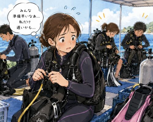 自分の準備が遅くて焦ってる女性ダイバーのイラスト