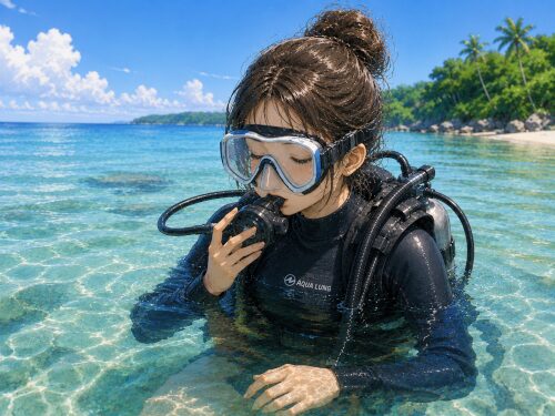 浅い海でゆっくり呼吸を整えながらダイビングに慣れていく初心者女性ダイバー