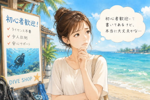 初心者歓迎と書かれたダイビングショップを見ながら不安そうに考える女性