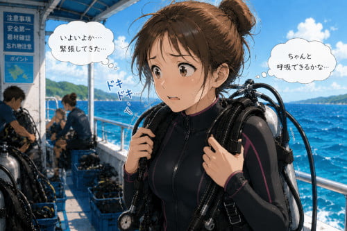 ダイビング器材を背負った瞬間に緊張してしまう女性ダイバー
