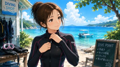 落ち着いてウェットスーツを着ながらダイビング準備をしている女性ダイバー