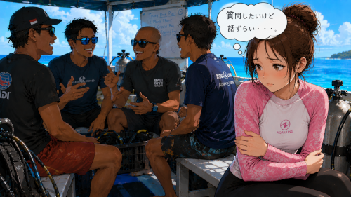 ローカルガイドの輪に入りづらく質問できず不安を感じている女性ダイバー
