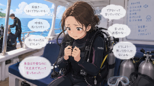 不安を感じながらも「大丈夫です」と無理をしてしまう女性ダイバー