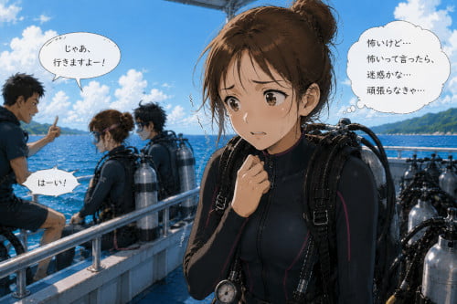 怖い気持ちを言えずに我慢している女性ダイバー
