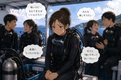 周りが楽しそうで怖いと言い出せずにいる女性ダイバー