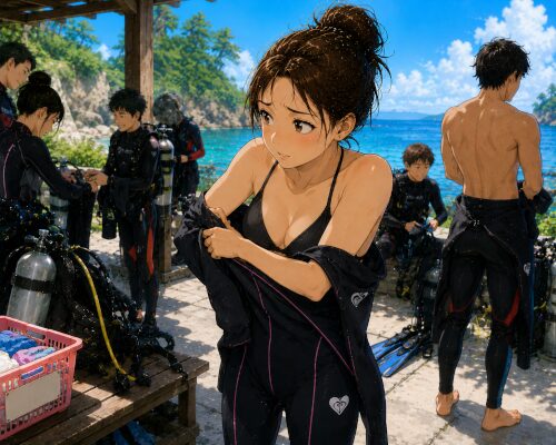 周りのダイバーに気を使いながらウェットスーツに着替えている女性ダイバー