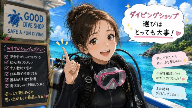 安心して楽しめるダイビングショップ選びの大切さを伝える笑顔の女性ダイバー
