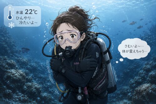 低水温の海で寒さに震えながら潜る初心者女性ダイバー
