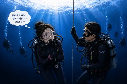 安全停止中に深い海の底が見えず怖がる初心者女性ダイバーとガイド