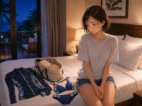 ホテルのベッドで翌日のダイビングに不安を感じる女性と、ラッシュガードや水着、手提げバッグ