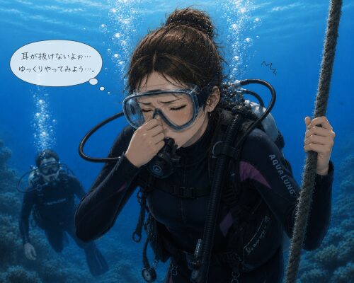 ダイビング中に耳抜きがうまくできず苦しそうな女性ダイバー