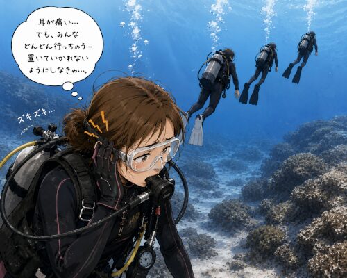 耳抜きが上手くいかず置いて行かれそうで無理して潜ってる女性ダイバーのイラスト