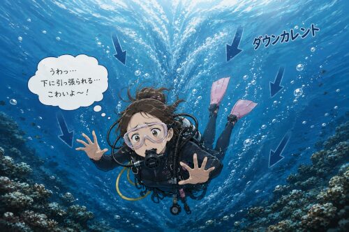 ダウンカレントに巻き込まれ下へ引っ張られて怖がる女性ダイバー