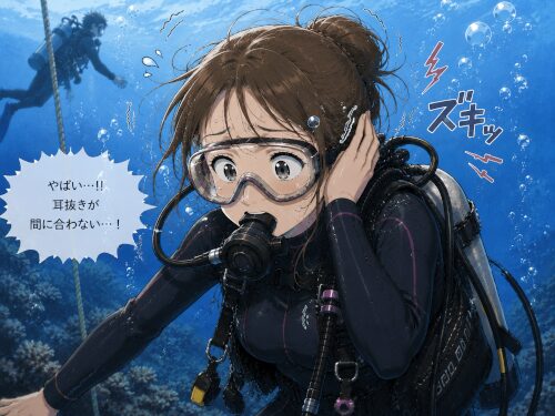 耳抜きが間に合わず焦っている女性ダイバーのイラスト