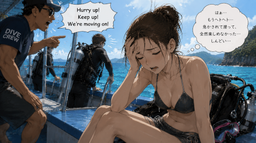 急かされるダイビングツアーで疲れ切ってしまった女性ダイバー