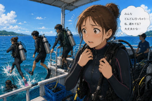 他のダイバーが次々エントリーしていくのを見て焦っている女性ダイバー