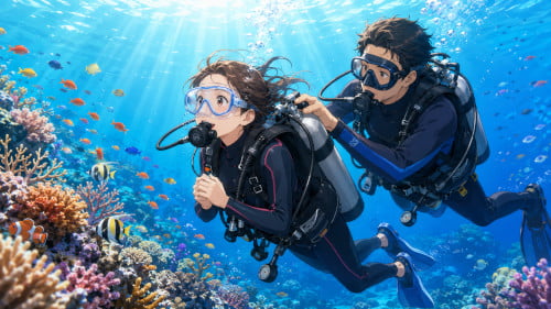 インストラクターにタンクバルブを支えられながらサンゴや魚を見て感動している女性ダイバー