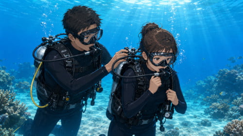 海中でインストラクターにタンクバルブを支えられながら呼吸に慣れている女性ダイバー