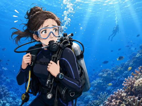 海中でガイドとはぐれてしまい不安そうに周囲を探している女性ダイバー