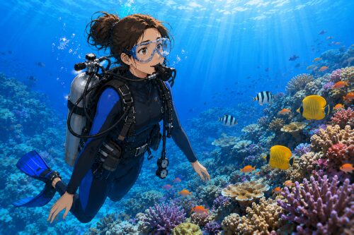 お魚やサンゴ礁を見ながらリラックスしてダイビングを楽しんでいる女性ダイバー