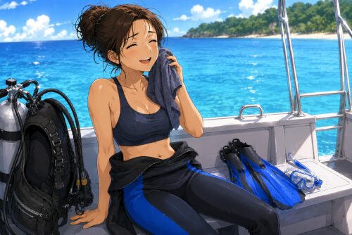 ダイビング後にボートへ上がりウェットスーツの上半身を脱いでホッとしている女性ダイバー