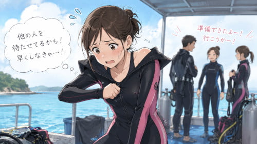 他の人を待たせているかもと焦りながらウェットスーツを着ている女性ダイバー