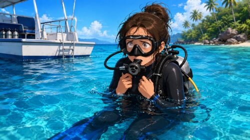 エントリーしてすぐに水が怖くなり緊張している女性ダイバー