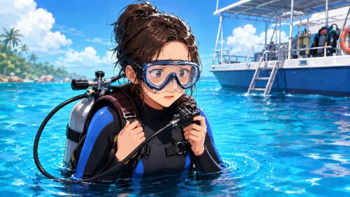 水面でマスクをつけたままレギュレーターを手に持ち呼吸に不安を感じている女性ダイバー