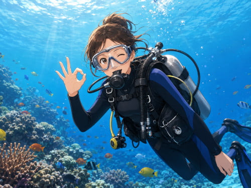 バリ島の海中でウインクしながらOKサインを出している女性ダイバー