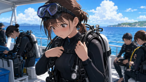 ちゃんとできなければ迷惑をかけそうと焦りながら準備している女性ダイバー