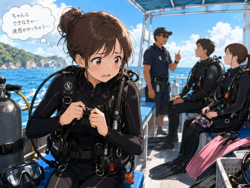ちゃんとできなきゃ迷惑をかけそうと焦りながら器材を準備している女性ダイバー
