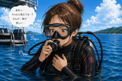 レギュレーターの呼吸に慣れず息苦しさを感じている女性ダイバー