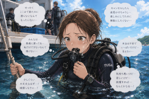 不安を我慢しながら無理して潜ろうとしている女性ダイバー