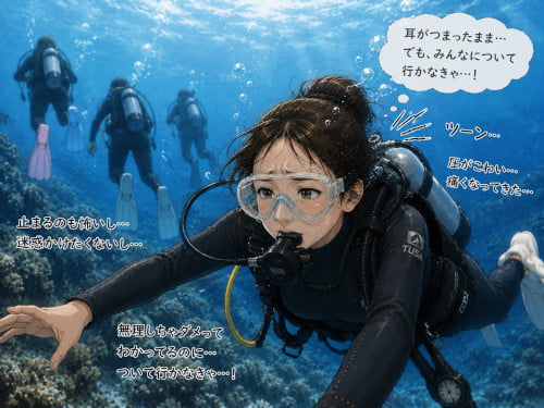耳抜きができないまま周りについて行こうとして無理をしている初心者女性ダイバー