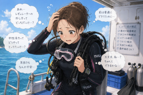 久しぶりのダイビングで器材や耳抜きの感覚を思い出せず焦っている女性ダイバー