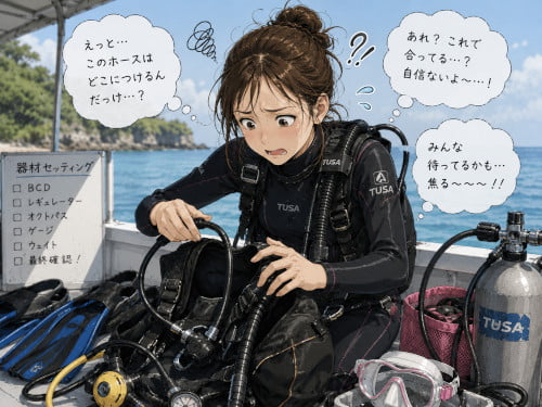ダイビング器材のセッティングを思い出せず焦っているブランク女性ダイバー