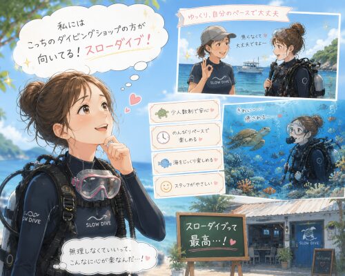 自分のペースで楽しめるスローダイブのショップを気に入った女性ダイバー
