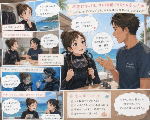 不安なことをすぐ相談できて安心している初心者女性ダイバー