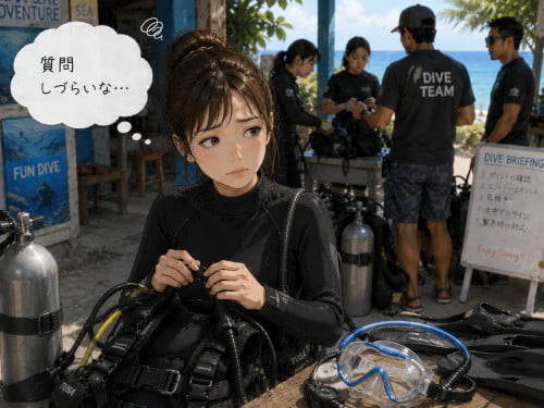 ダイビング準備中に質問しづらくて不安を感じている初心者女性ダイバー