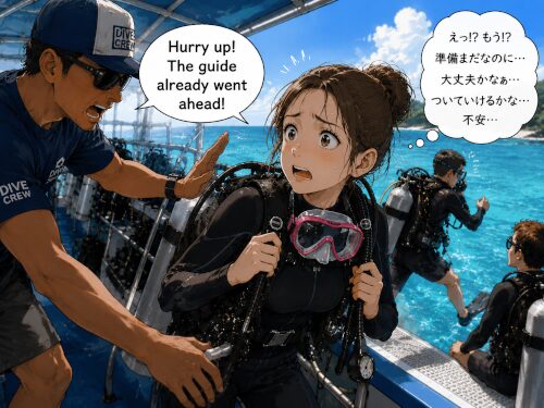 急かされながらダイビング準備をして焦っている初心者女性ダイバー